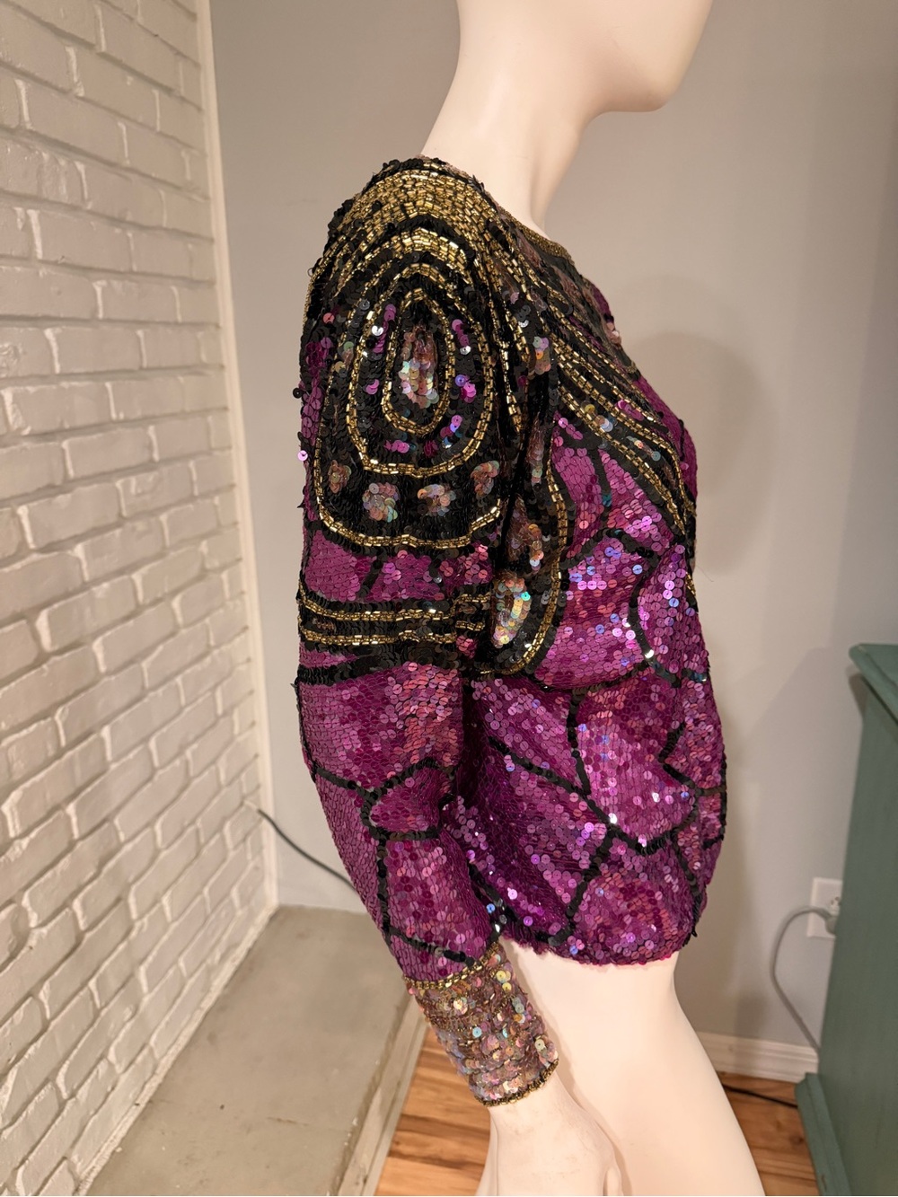 Jack Bryan Vintage Hand-Beaded Sequin Art Deco Top Purple Black Gold Size 6 - Picture 9 of 16